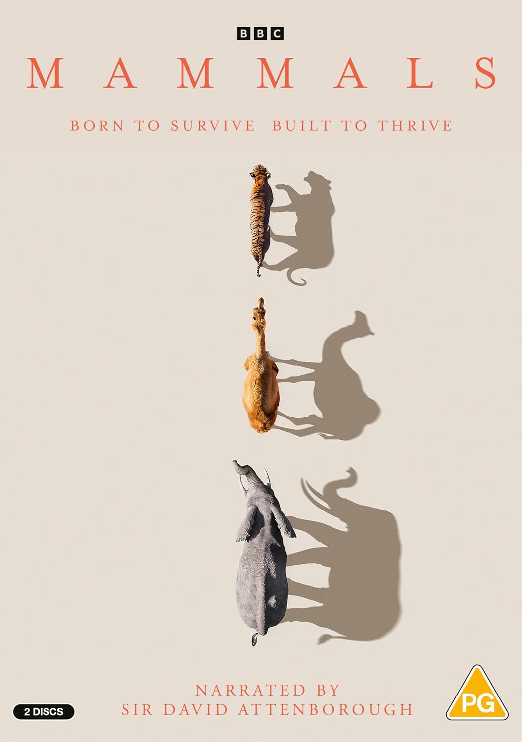DVD cover for 'Mammals' featuring silhouettes of animals with a narrator's voiceover, indicating it's a documentary.