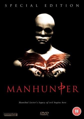 DVD cover of 'Manhunter' with a dark background and red text
