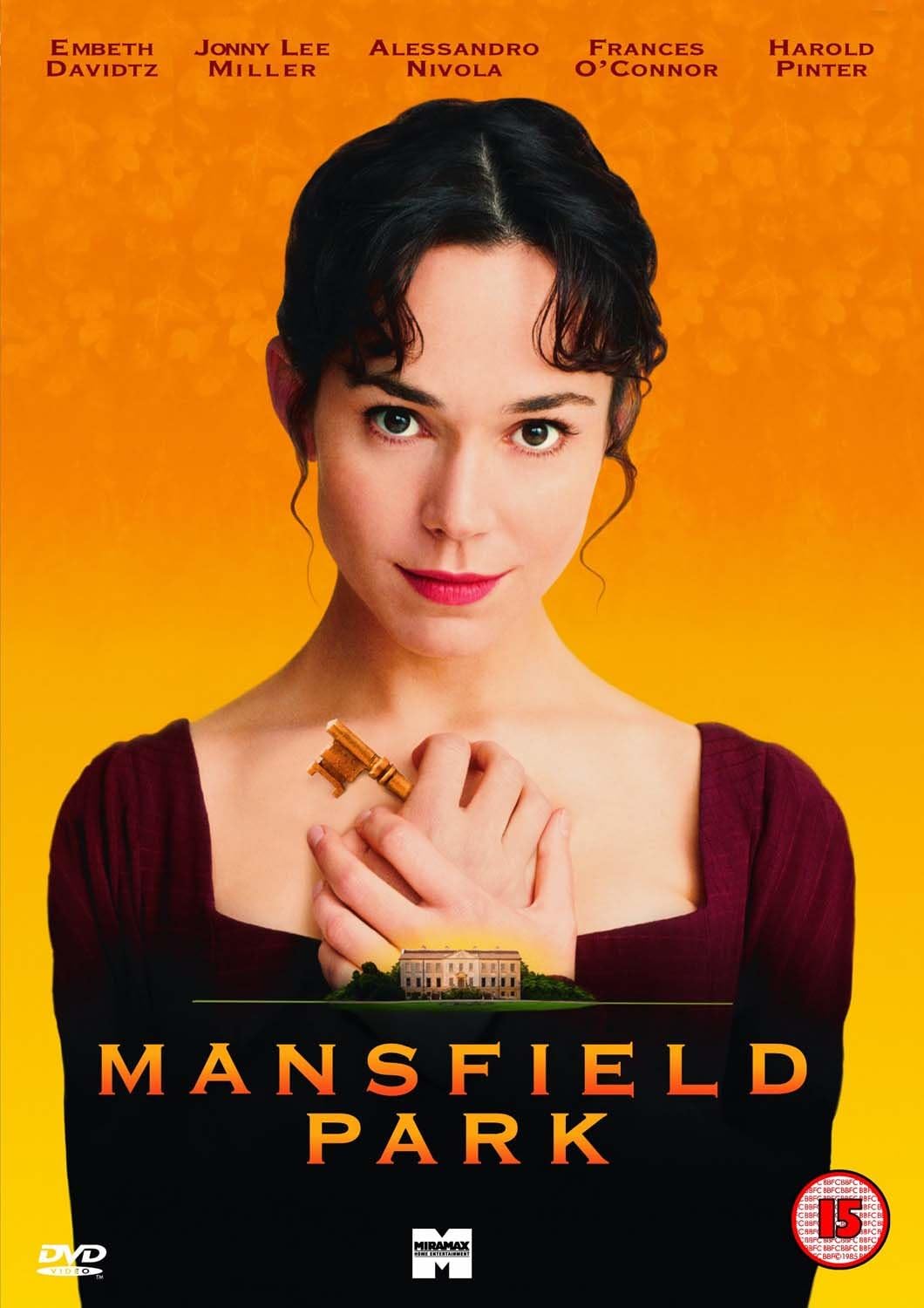 Movie poster for 'Mansfield Park' featuring a woman holding a wooden object against an orange background.