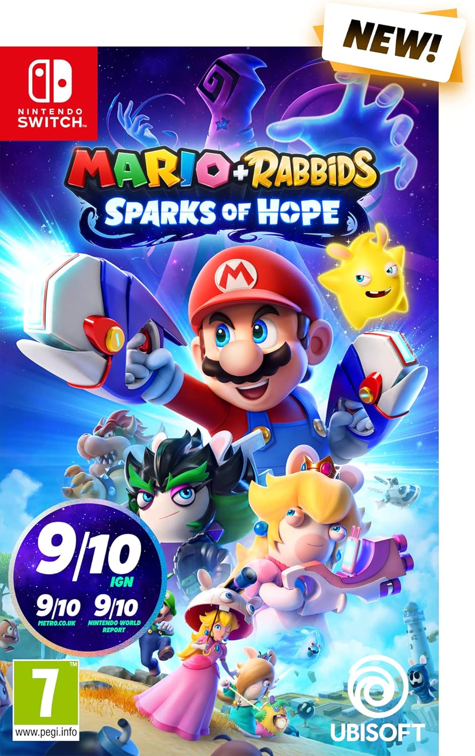 A colorful cover image of 'Mario + Rabbids Sparks Of Hope' featuring characters from the Mario and Rabbids franchises, indicating it is a Nintendo Switch game.