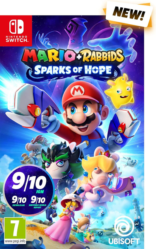 A colorful cover image of 'Mario + Rabbids Sparks Of Hope' featuring characters from the Mario and Rabbids franchises, indicating it is a Nintendo Switch game.