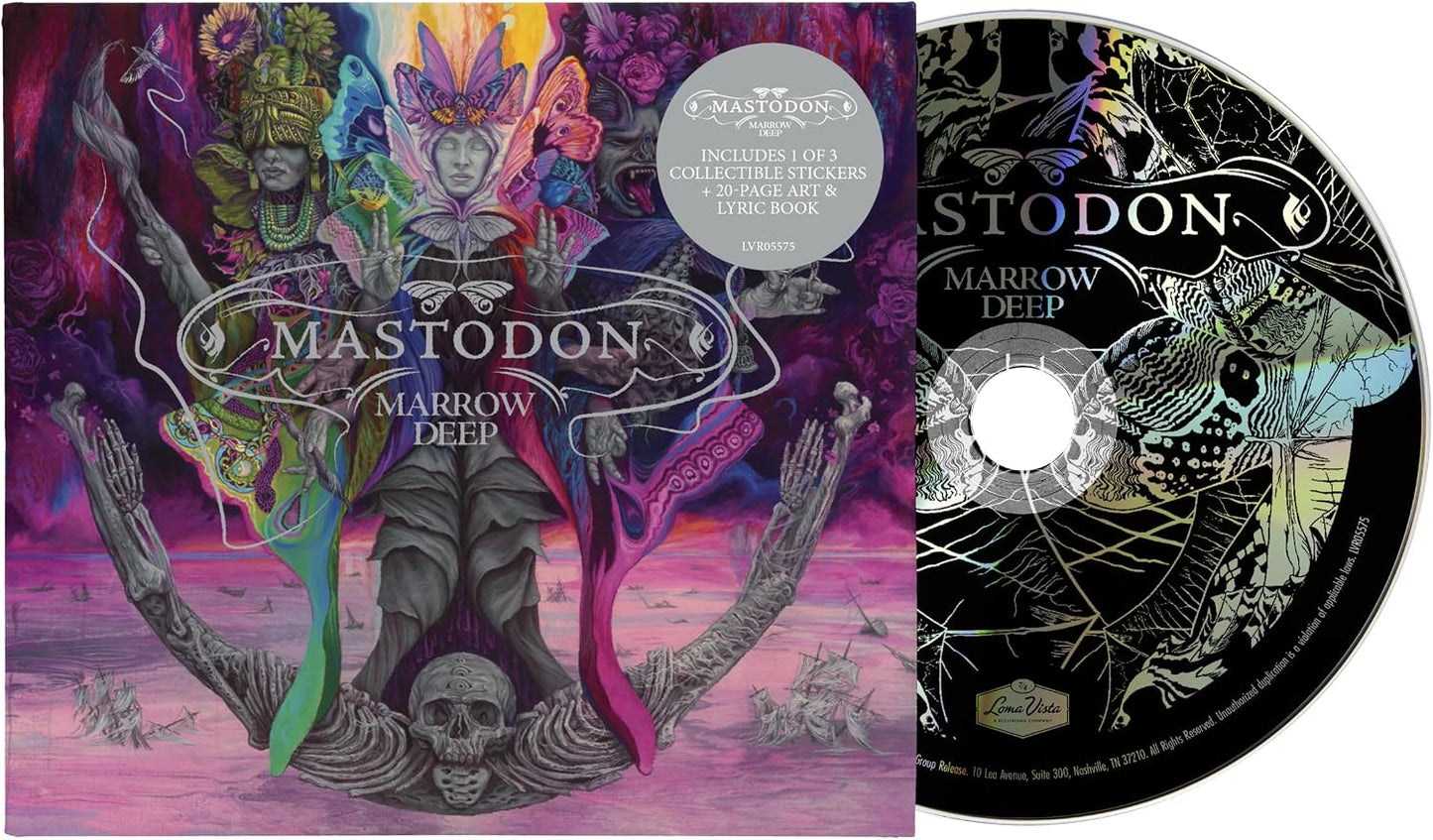 Mastodon - 'Marrow Deep' album cover and CD single cover displayed side by side. The cover features a highly detailed, colorful illustration of a skeleton figure with wings and a central skull, set against a purple and pink background.