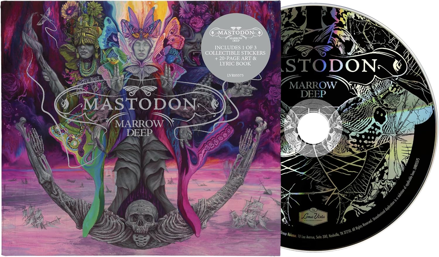 Mastodon - 'Marrow Deep' album cover and CD single cover displayed side by side. The cover features a highly detailed, colorful illustration of a skeleton figure with wings and a central skull, set against a purple and pink background.