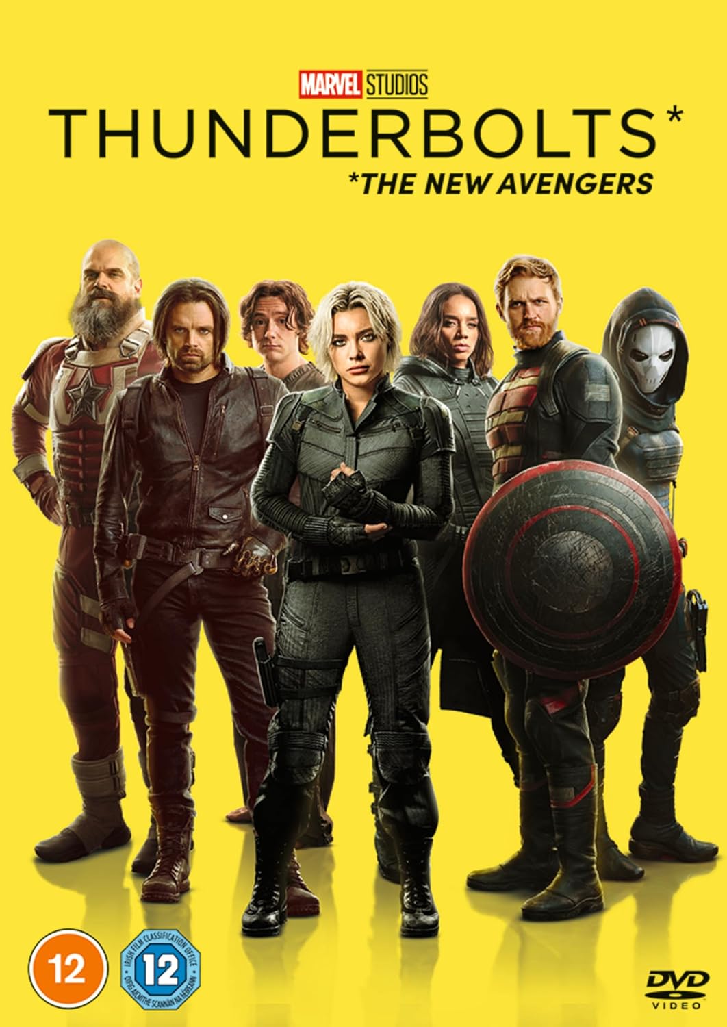 DVD cover of 'Thunderbolts: The New Avengers' featuring superhero characters against a yellow background.