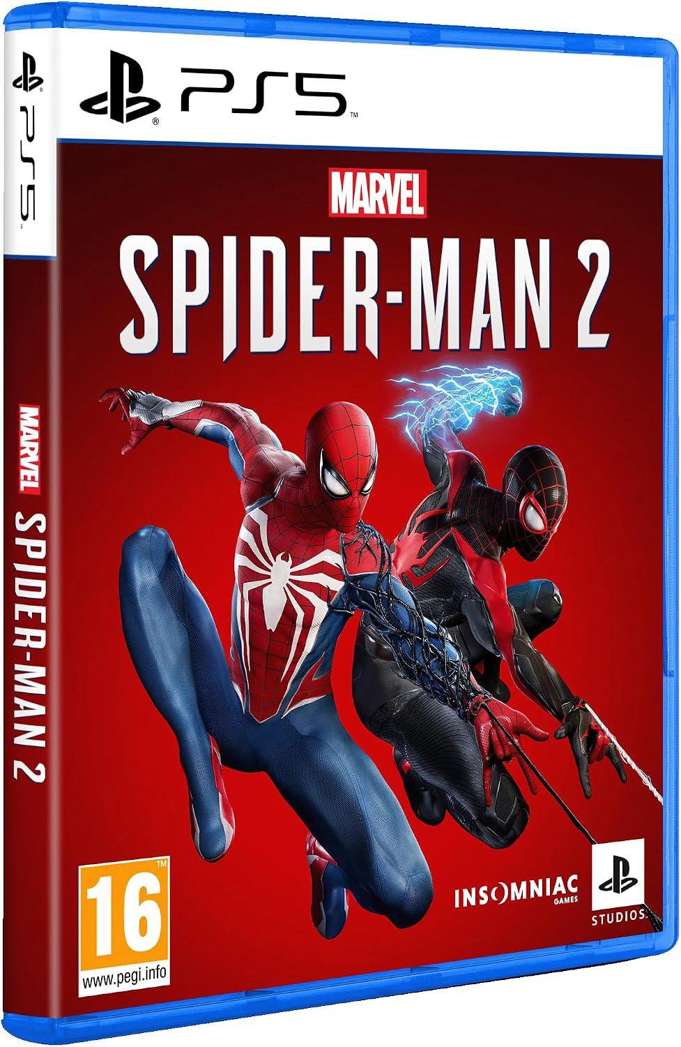 PS5 game case for Marvel Spider-Man 2, featuring Spider-Man and Miles Morales on a red cover with PS5 branding and a blue plastic case border.