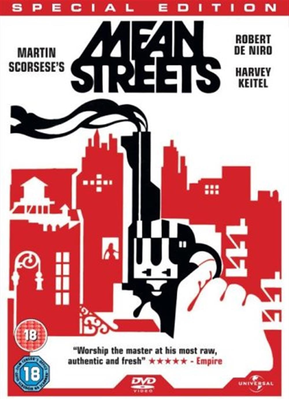 DVD cover for Martin Scorsese's 'Mean Streets' Special Edition, featuring a stylized red and black cityscape with a revolver and hand graphic, plus actor names and age rating badges.