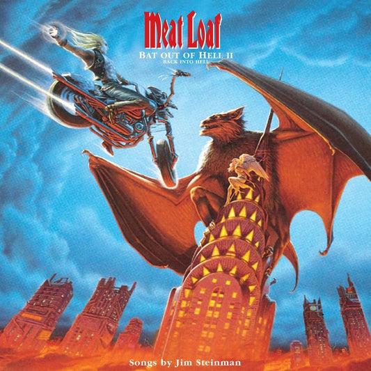 Meat Loaf 'Bat Out Of Hell II' album cover featuring a man on a motorcycle with a bat-like figure in the background, set against a dark, stormy sky.