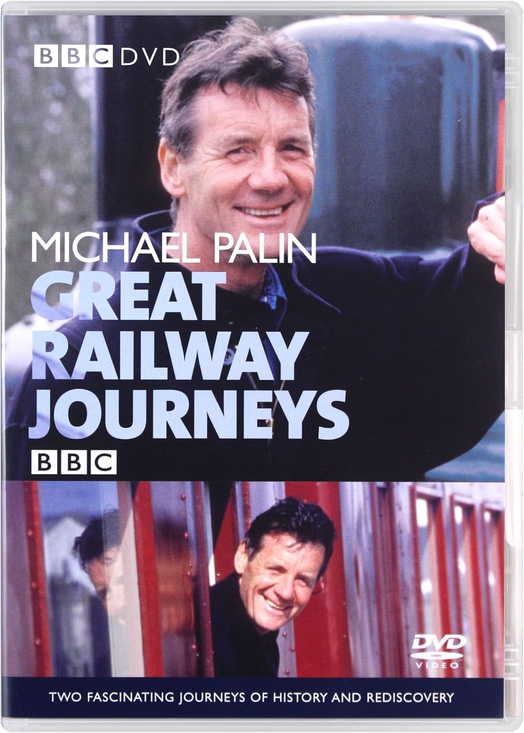 DVD cover for 'Michael Palin Great Railway Journeys' on BBC DVD Video, featuring a collage of photos of Michael Palin smiling by train doors, with large white title text over a dark blue upper section and a red-train lower section.
