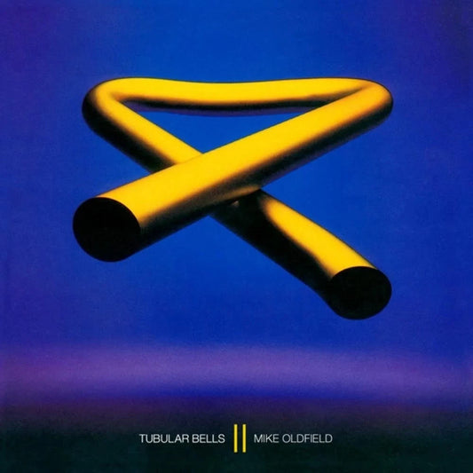 Album cover for Mike Oldfield's 'Tubular Bells', featuring a glowing yellow abstract triangular pipe structure against a deep blue gradient background.