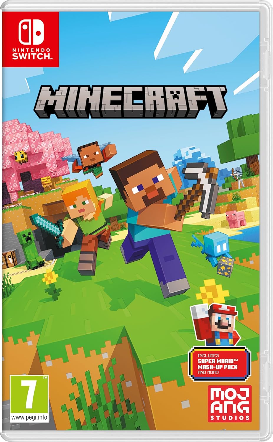 Minecraft game case for Nintendo Switch with characters and pixelated graphics.