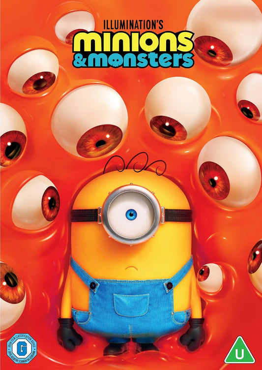Illumination's Minions & Monsters movie cover art featuring a yellow Minion in blue overalls centered against a bright orange background filled with floating eyeballs. The title is displayed at the top, with a UK BBFC rating logo in the bottom left and a UK 18 rating logo in the bottom right.