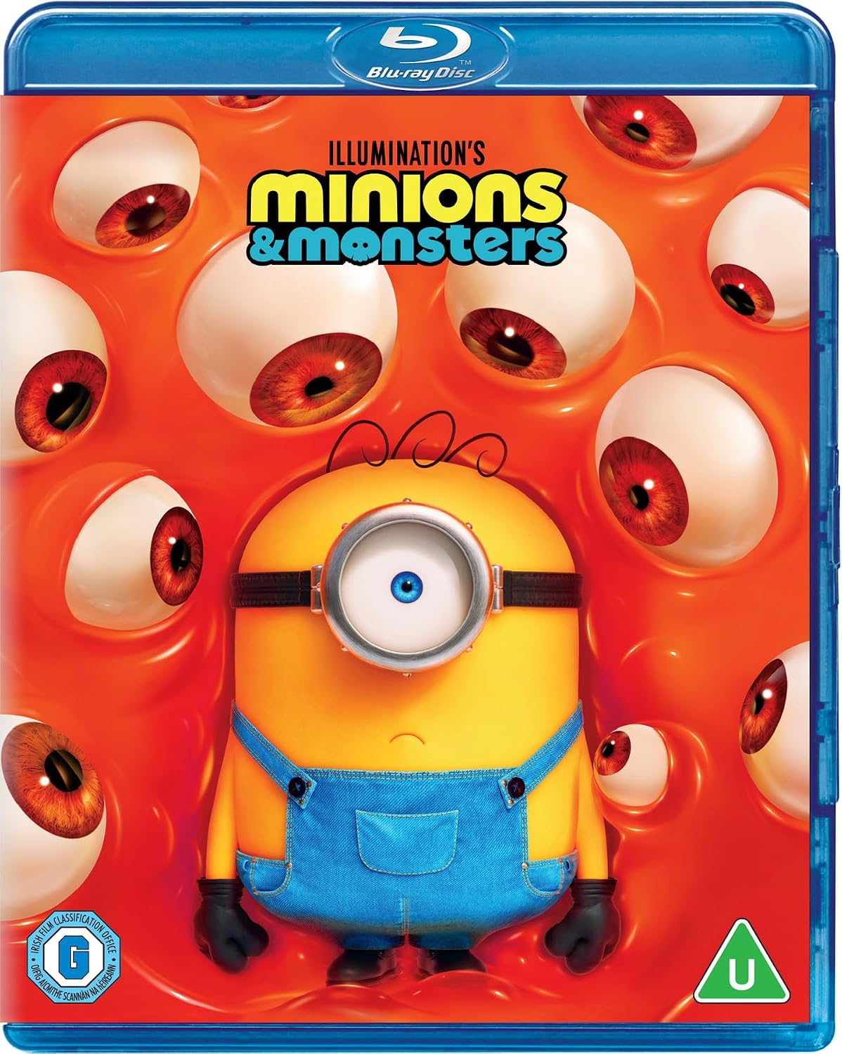 Blu-ray cover for Illumination's Minions & Monsters, featuring a yellow Minion character in blue overalls centered against a bright orange background filled with floating eyeballs. The blue Blu-ray case is visible around the cover.