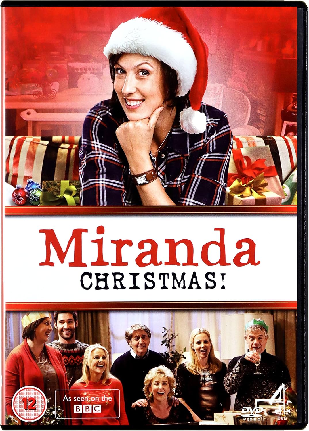 DVD cover for 'Miranda Christmas!' featuring Miranda Hart as Miranda, wearing a Santa hat and plaid shirt, with holiday gifts and a red background. Smaller group photos of cast members appear along the bottom, with a BBC logo and age rating badge in the lower left.