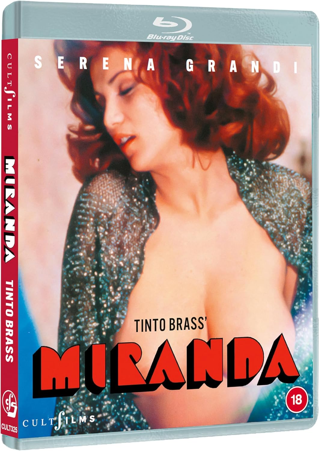 Blu-ray case for the film 'Miranda' starring Serena Grandi, featuring a cover with a close-up portrait of the woman in a sparkly teal top, large red title text, and Cult Films branding.