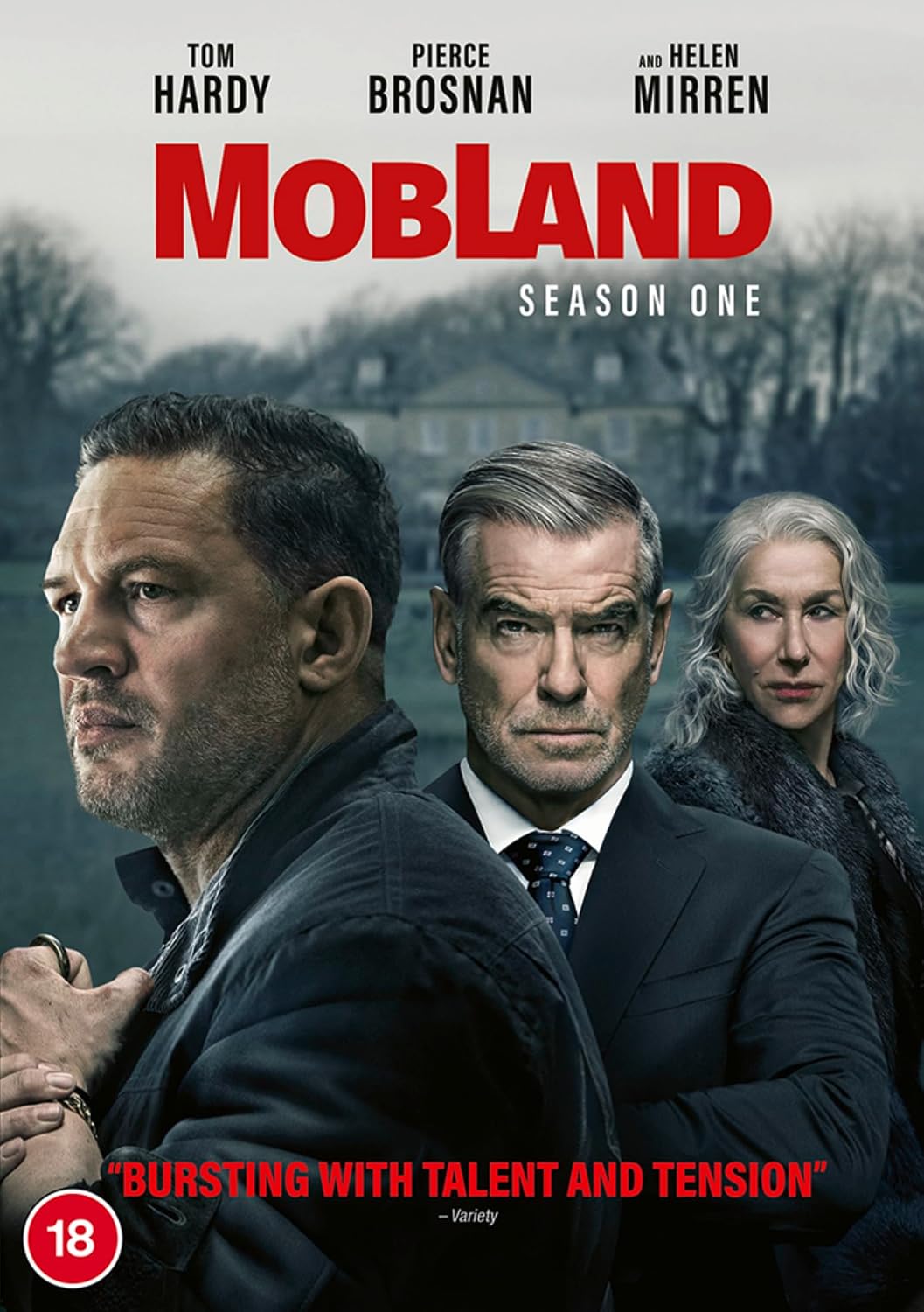 Movie poster for 'Mobland Season One' featuring Tom Hardy, Pierce Brosnan, and Helen Mirren in front of a dark, moody outdoor background. The title 'MOBLAND' is displayed in large red letters, with 'SEASON ONE' underneath.