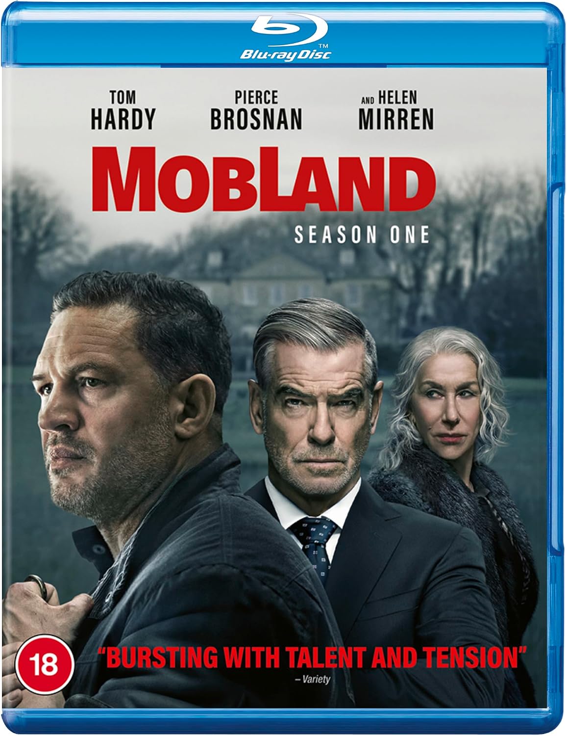 Blu-ray cover for the television series 'Mobland Season One' featuring cast portraits of Tom Hardy, Pierce Brosnan, and Helen Mirren on a blue plastic case.
