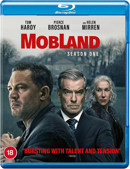 Blu-ray cover for the television series 'Mobland Season One' featuring cast portraits of Tom Hardy, Pierce Brosnan, and Helen Mirren on a blue plastic case.