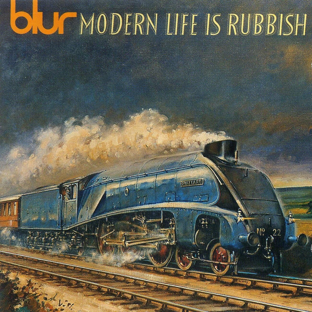 Vintage-style train on tracks with 'Modern Life is Rubbish' text and 'blur' logo.