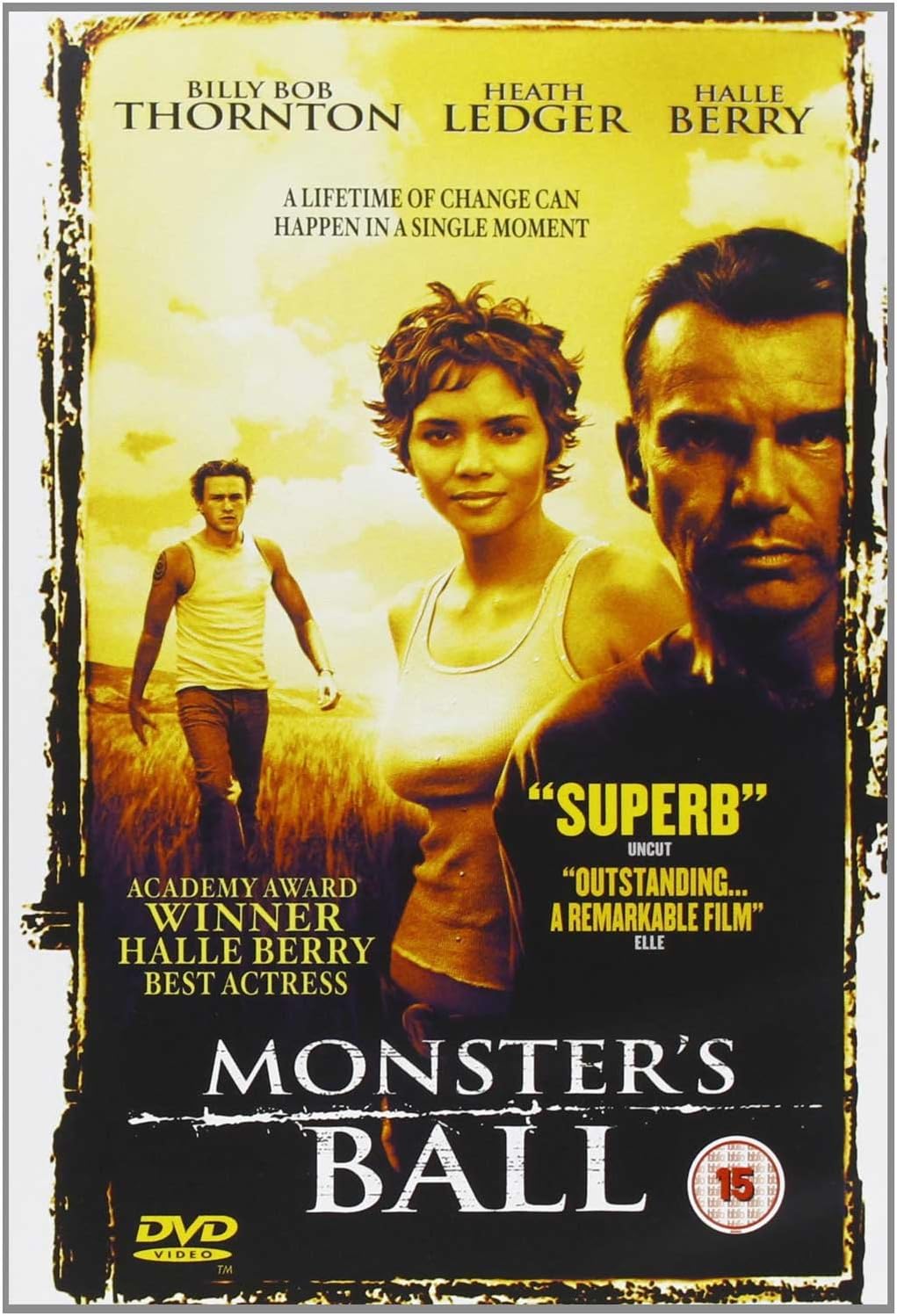 DVD cover for the film 'Monster's Ball' featuring Billy Bob Thornton, Heath Ledger, and Halle Berry on a yellow-toned background with a distressed black border.