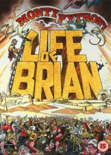 Poster for Monty Python's 'Life of Brian' with animated characters and text.