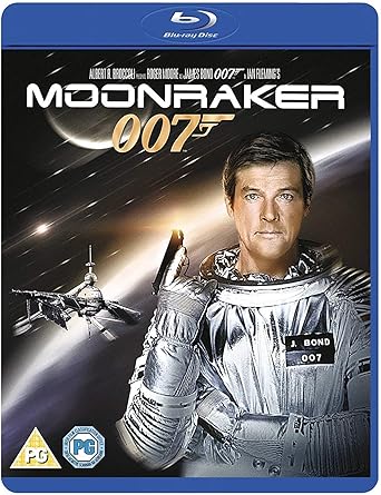 Blu-ray cover of 'Moonraker' featuring a character in space suit with spaceship and moon in background