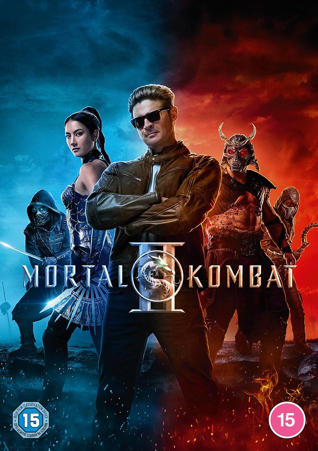 Mortal Kombat II movie poster featuring multiple characters against a split blue and red fiery background, with the title across the center and age rating badges in the corners.