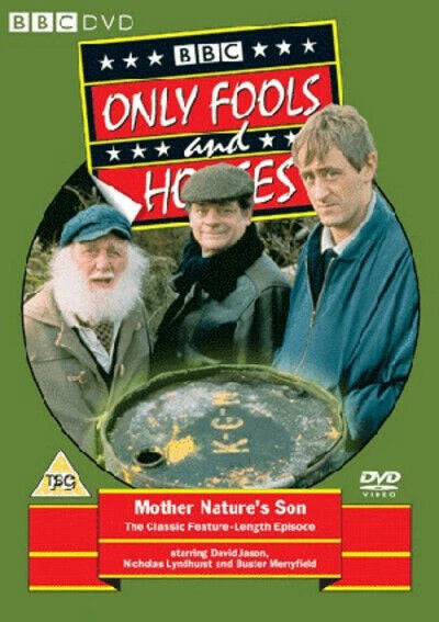 BBC DVD cover for 'Only Fools and Houses' featuring three men and a large metal can on a green background, with the title 'Mother Nature's Son' at the bottom.