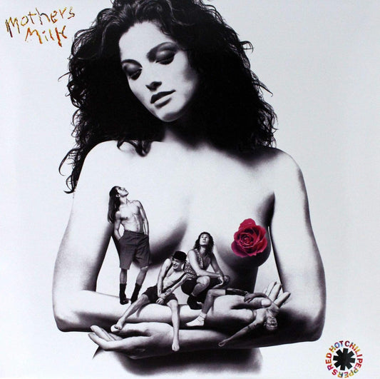 Album cover with a woman holding children and a rose, featuring the band Red Hot Chili Peppers.