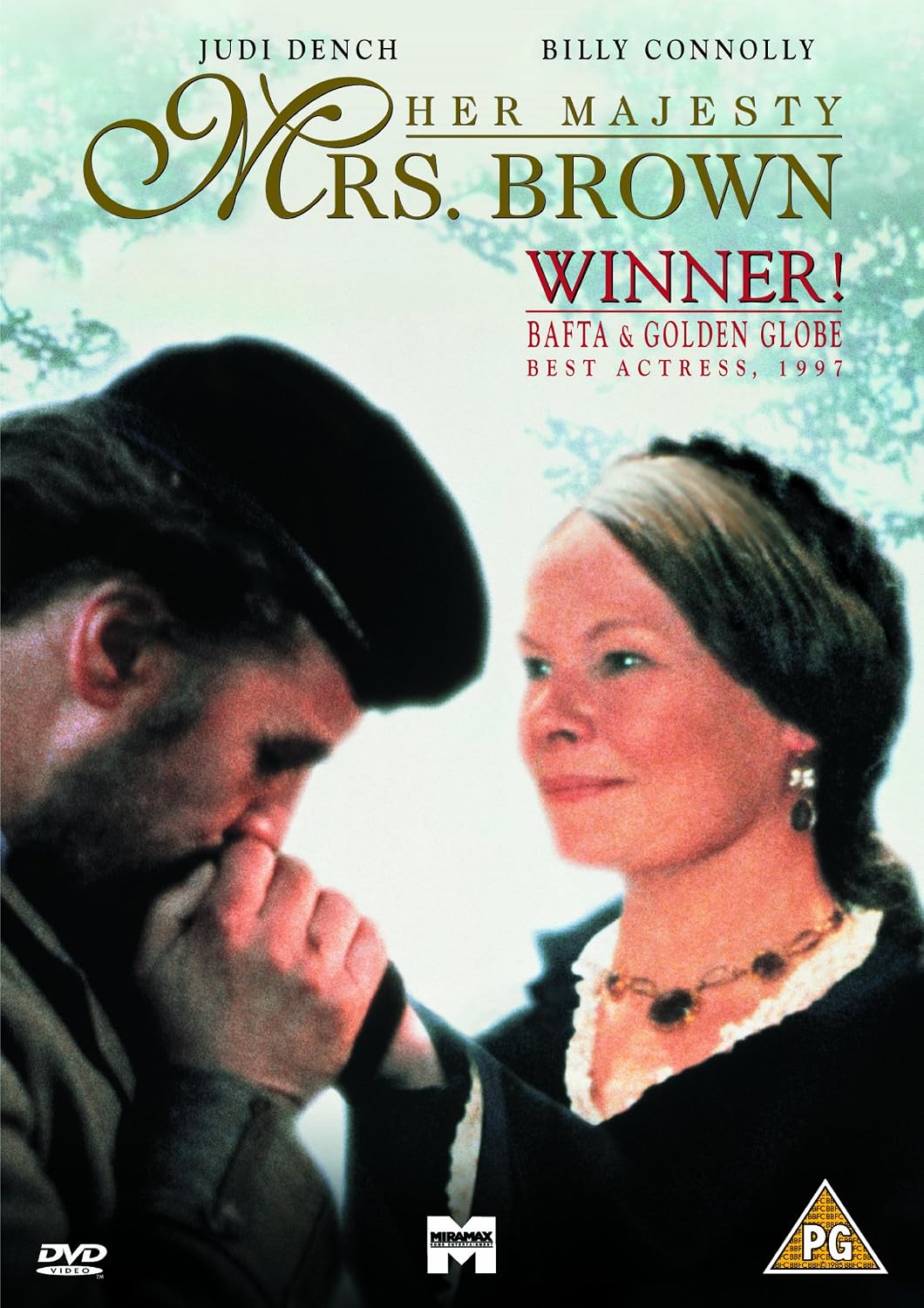 DVD cover of 'Her Majesty Mrs. Brown' with two characters and text about awards.