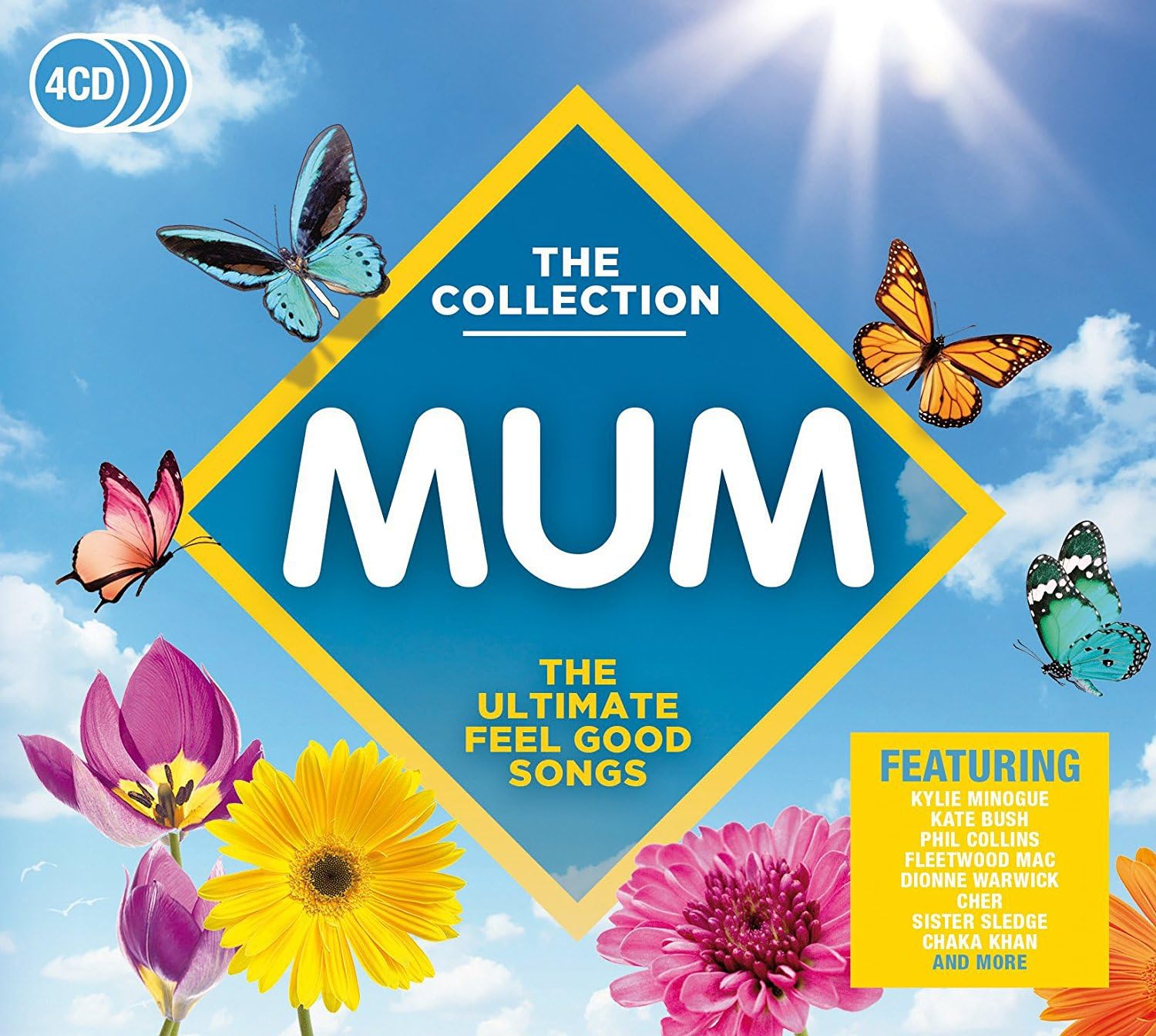 CD collection cover titled 'Mum: The Ultimate Feel Good Songs' with butterflies and flowers on a blue sky background.