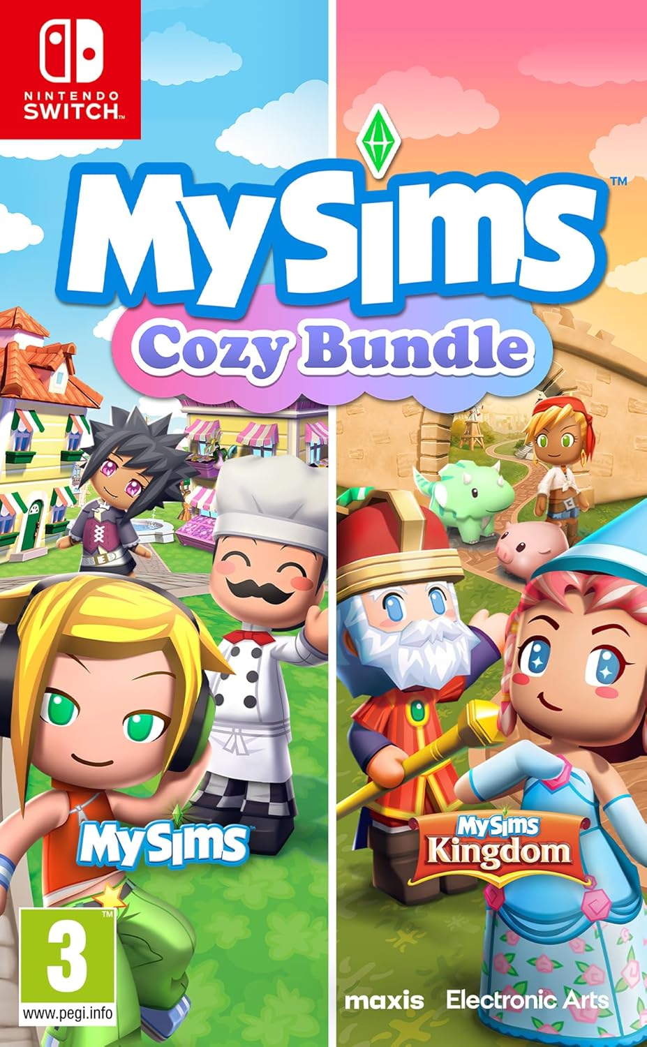Packaging for 'MySims: Cozy Bundle' video game on Nintendo Switch, featuring cartoon characters in a virtual world. The game is rated E (for Everyone) and is suitable for players aged 3 and over.