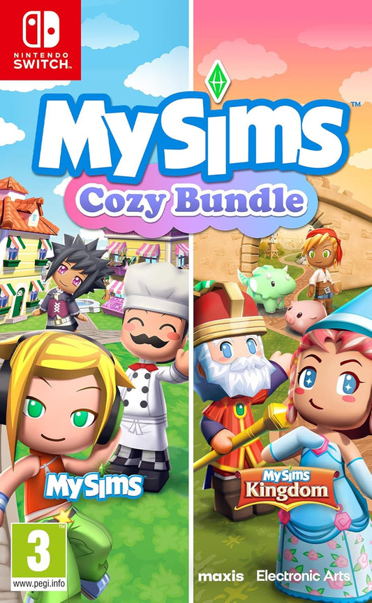 Packaging for 'MySims: Cozy Bundle' video game on Nintendo Switch, featuring cartoon characters in a virtual world. The game is rated E (for Everyone) and is suitable for players aged 3 and over.