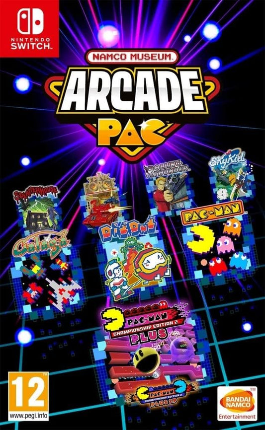 Cover art for NAMCO MUSEUM ARCADE PAC video game on Nintendo Switch, featuring various classic arcade game graphics and the NAMCO logo.