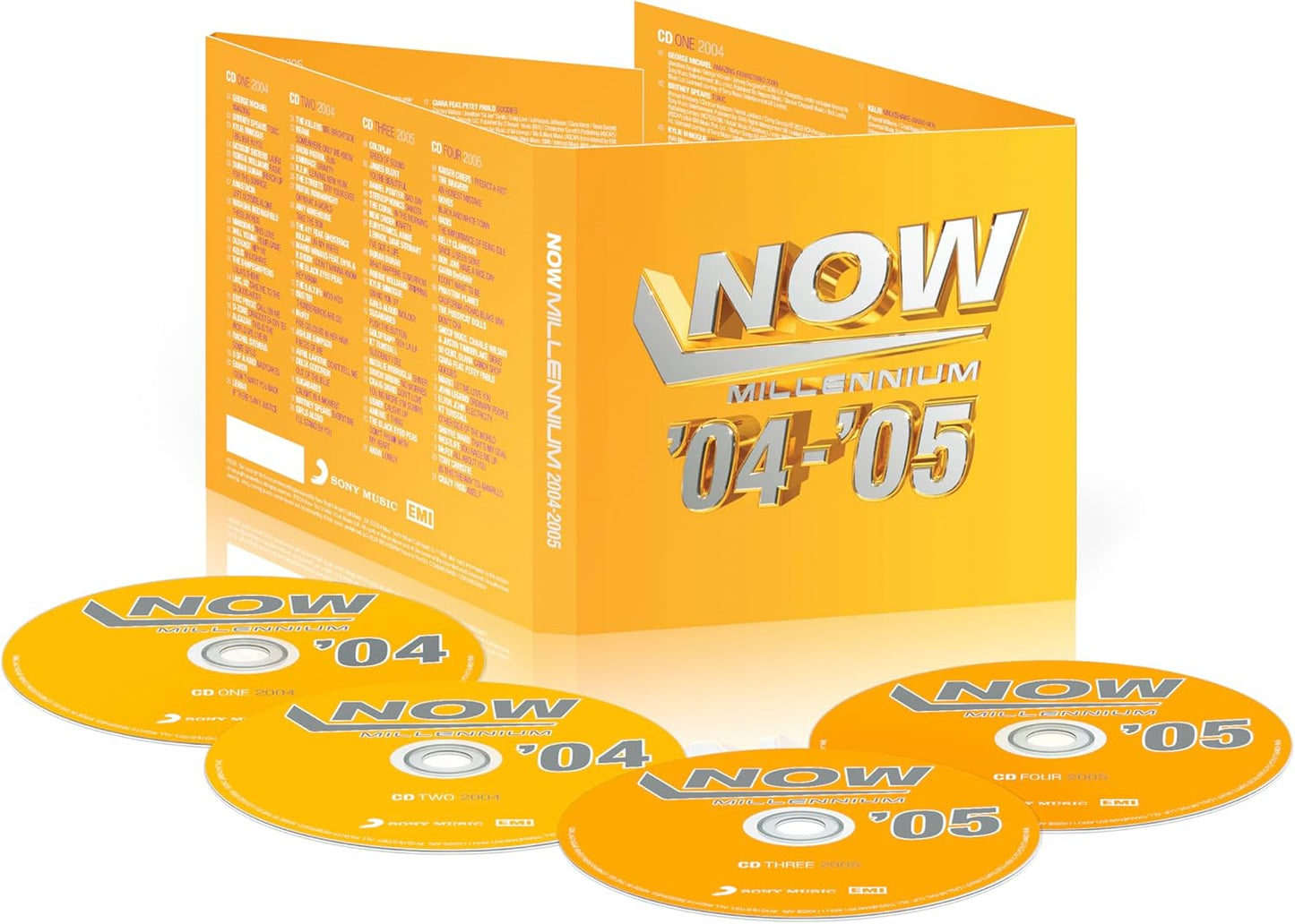 Yellow music compilation box set with 'NOW' branding and two CDs on a white background