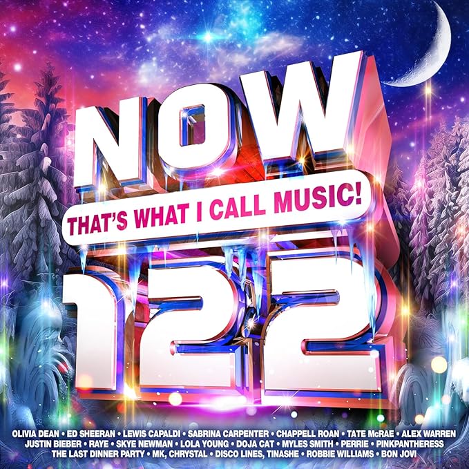 Album cover for 'NOW That's What I Call Music! 122' with festive design elements.