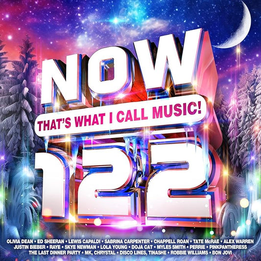 Album cover for 'NOW That's What I Call Music! 122' with festive design elements.