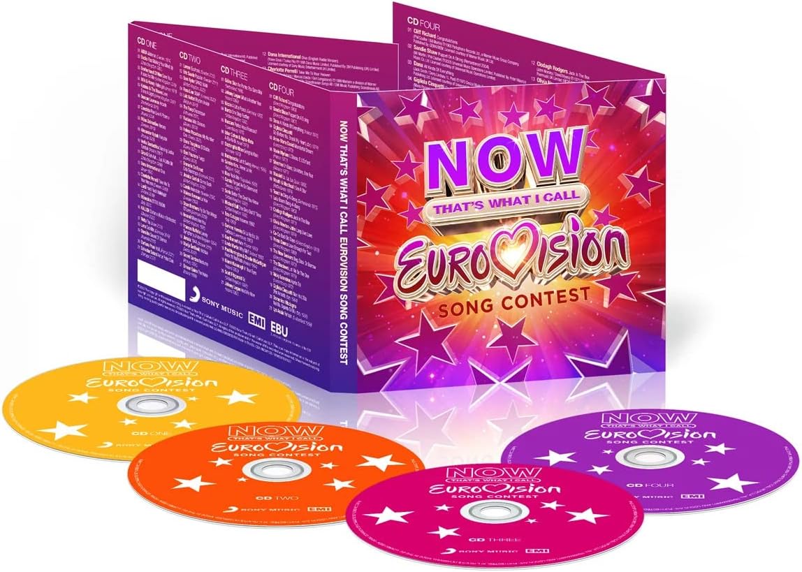 Collection of 'NOW That's What I Call Eurovision Song Contest' CDs with colorful packaging.