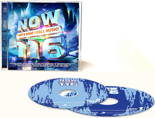 A music CD set titled 'NOW THAT'S WHAT I CALL MUSIC! 116' shown with the jewel-case cover standing upright and two blue CDs placed in front on a white background.