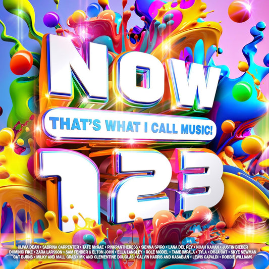 Colorful album cover with 'NOW THAT'S WHAT I CALL MUSIC! 123' text and abstract designs.