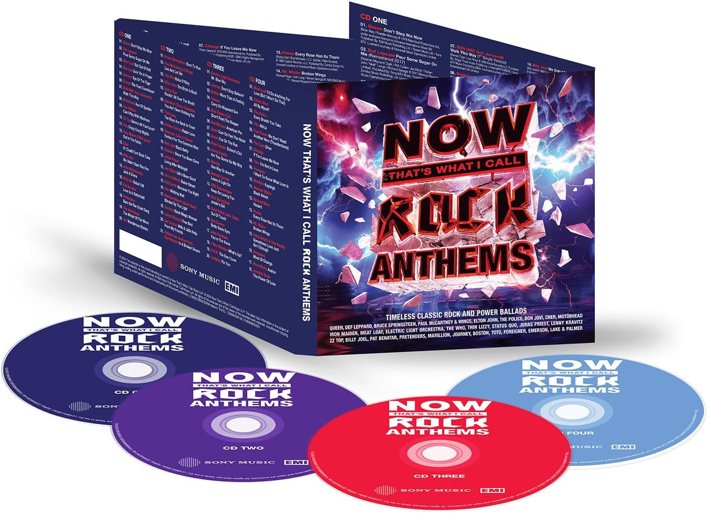 Rock Anthems CD box set with three CDs in front of the slipcase. The cover art features a vibrant purple, pink, and blue lightning-bolt design with bold red and white text.