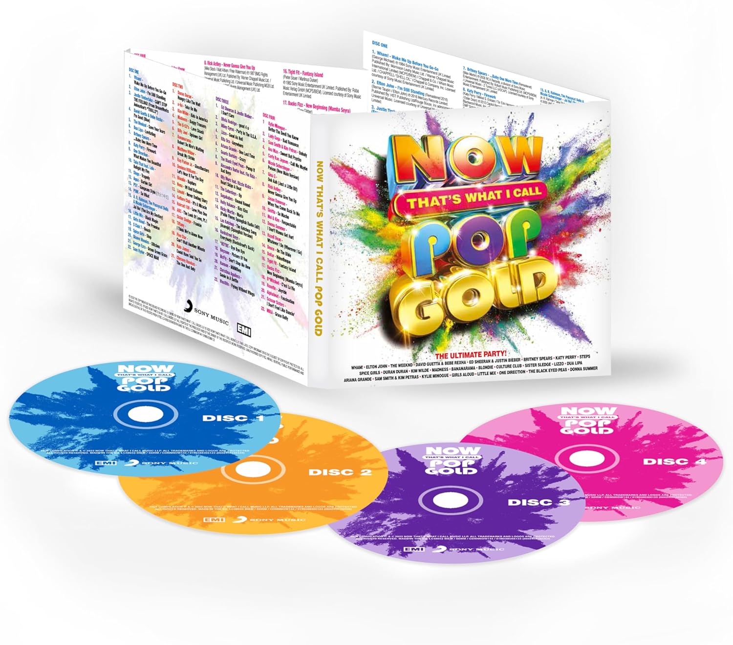 CD set with colorful packaging and discs titled 'Now That's What I Call Pop Gold' on a white background.