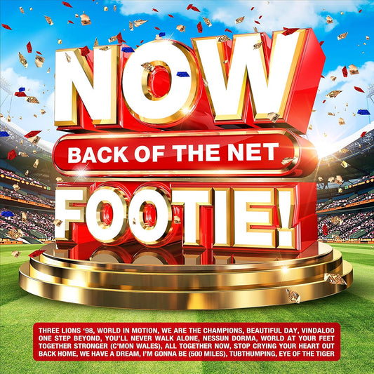 Promotional graphic for 'Back of the Net Footie' with large text and stadium background