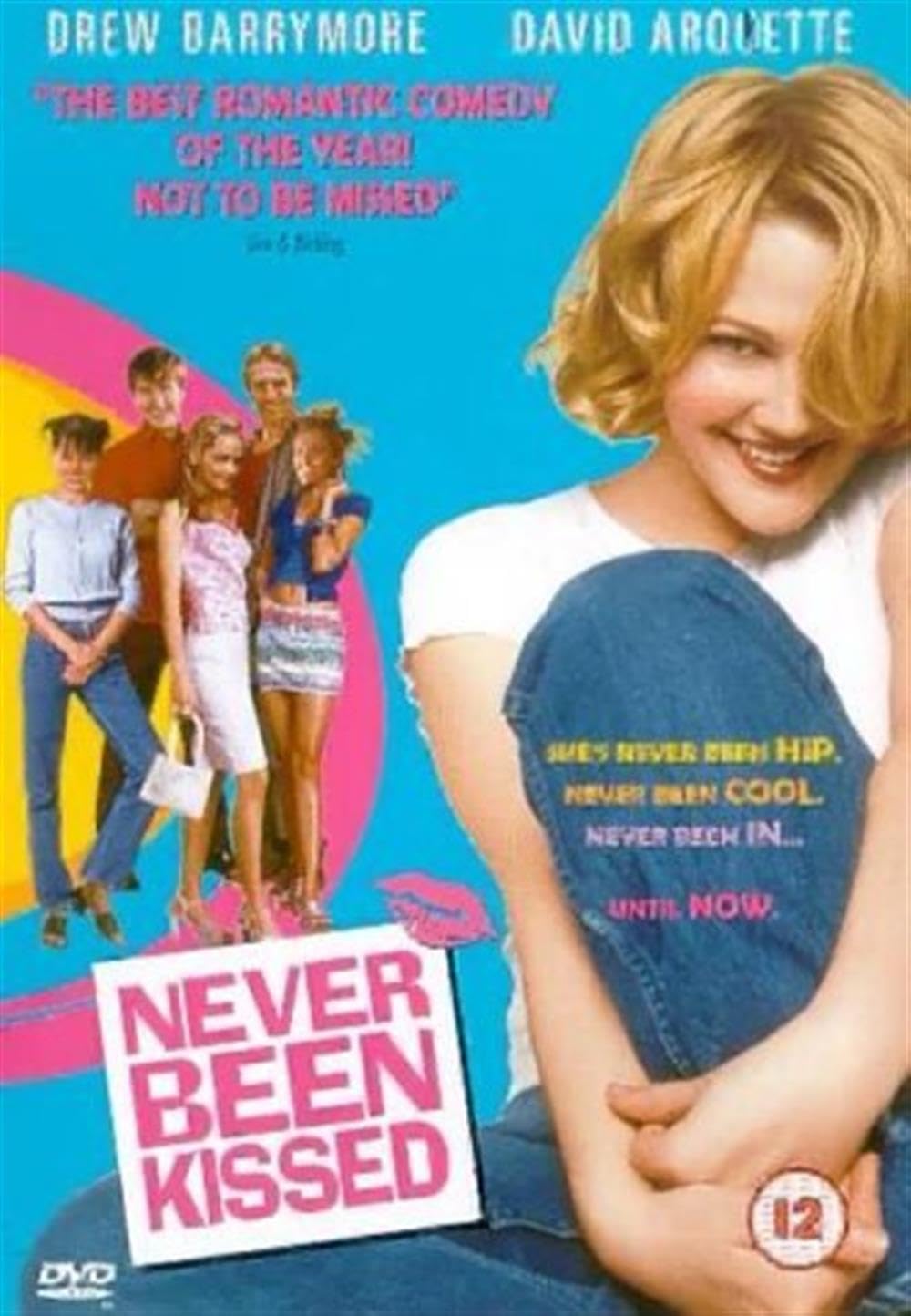 Movie poster for 'Never Been Kissed' featuring a young woman and a group of teenagers against a colorful background.