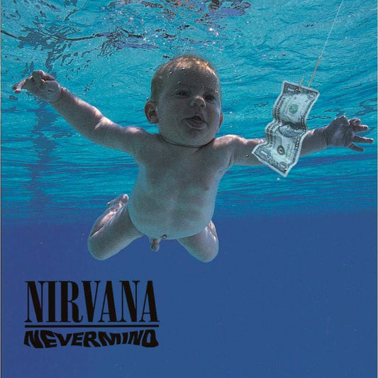Album cover of Nirvana's 'Nevermind' featuring a baby underwater holding a dollar bill.