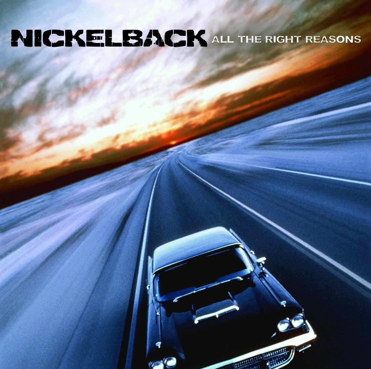 Album cover for Nickelback's 'All The Right Reasons' with a car on a highway.