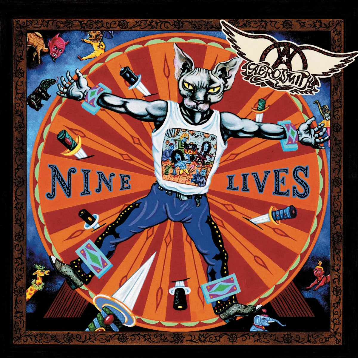 Album cover with a cat in a superhero pose, surrounded by various elements and text.