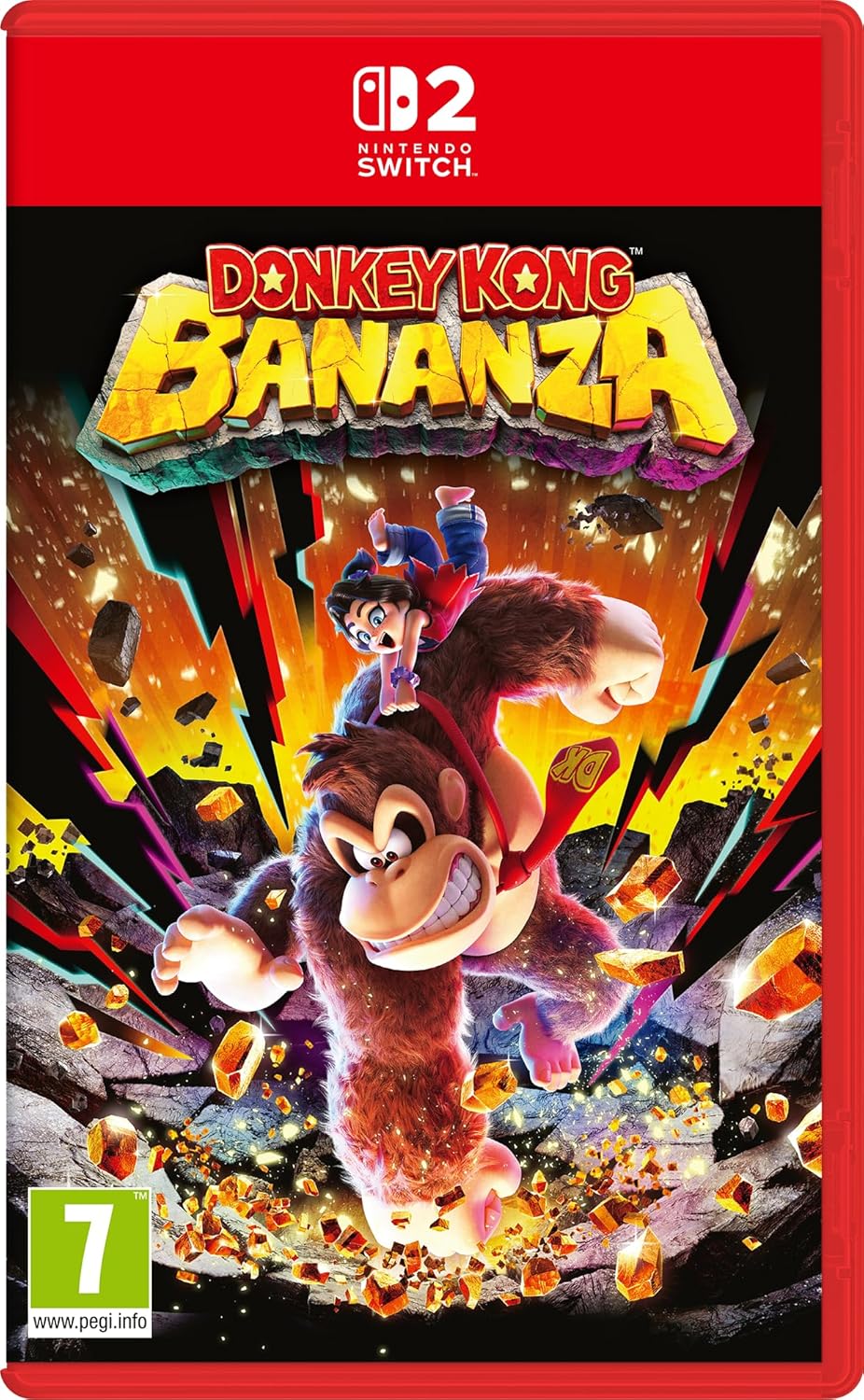 Donkey Kong Bananza game cover for Nintendo Switch with characters and vibrant colors.