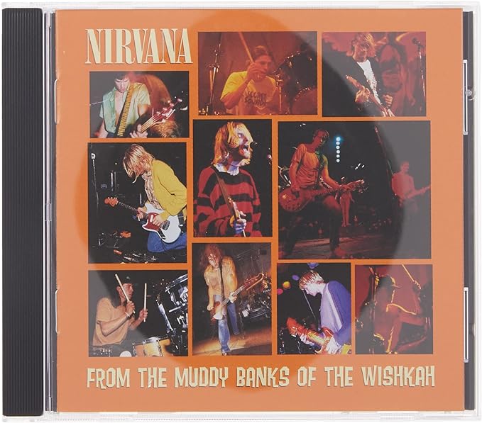 Audio CD cover for Nirvana album 'From the Muddy Banks of the Wishkah' featuring various images of the band members in performance mode.