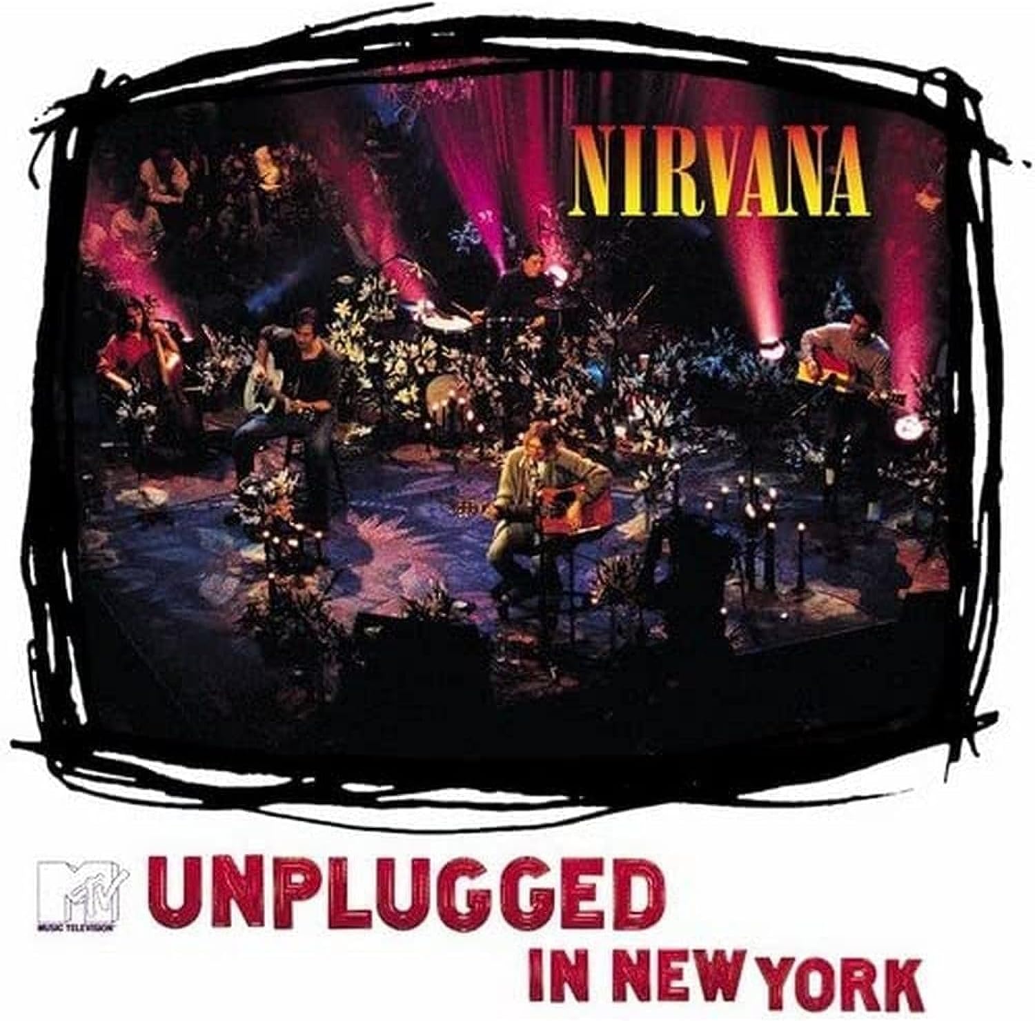 Cover art for Nirvana's 'MTV Unplugged in New York' vinyl album, featuring a live performance with Nirvana members on stage.