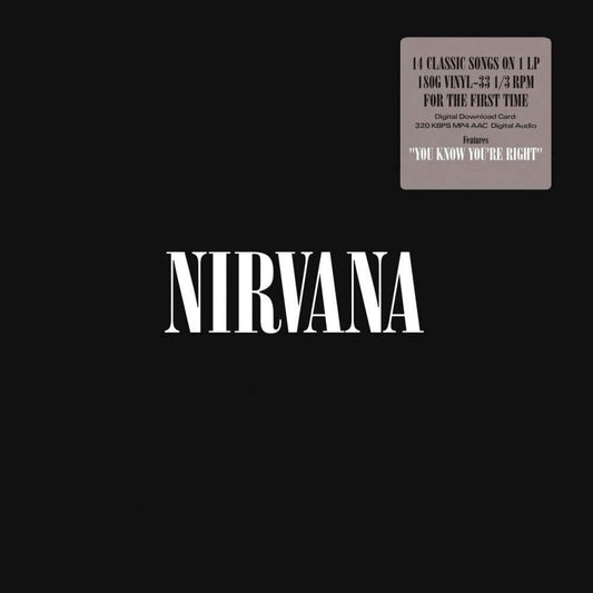 This image displays the vinyl release of "Nirvana" by the band of the same name. The album cover is stark, featuring a minimalist design with the band's name in bold, white text against a dark background.